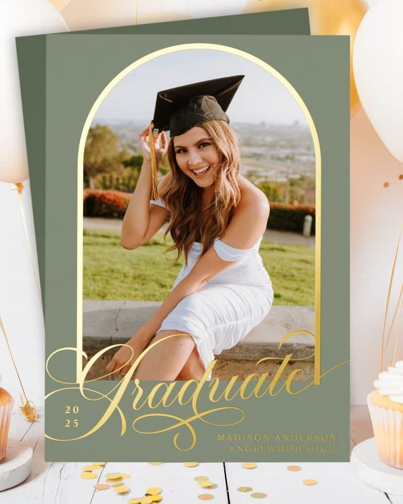 Graduation announcement featuring a photo of Madison Anderson, a graduate of Angelwood High, in her cap and gown.