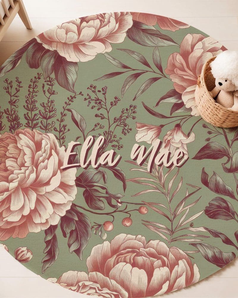 Round floral rug with the name Ella Mae in the center.