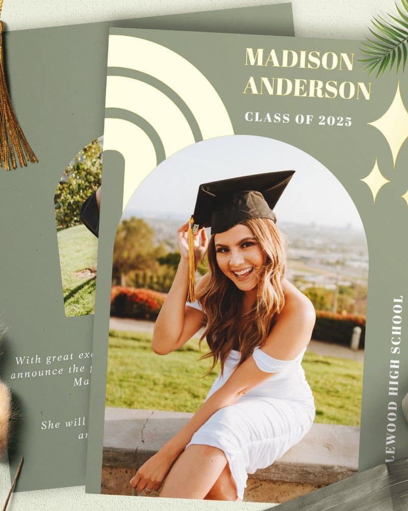 Graduation announcement featuring Madison Anderson, Class of 2025, in cap and gown.