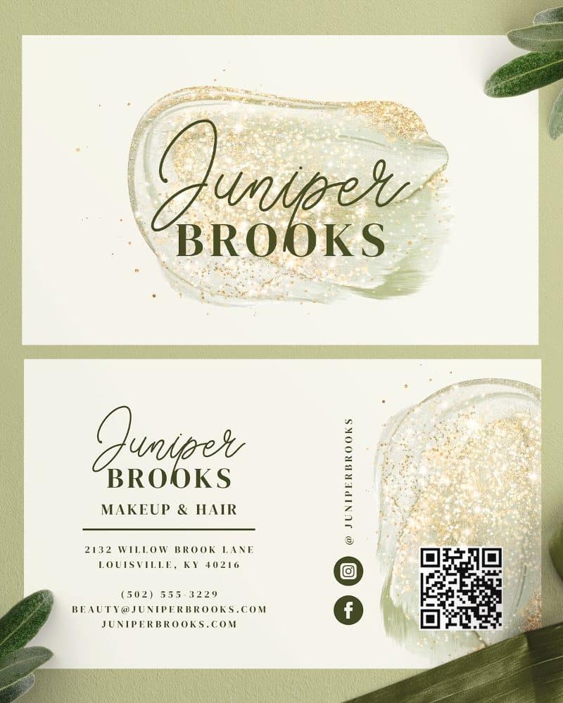 Business card for Juniper Brooks Makeup & Hair, featuring a green and gold design.