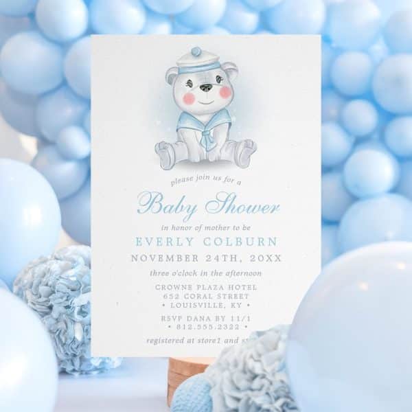 Baby Shower Invitation Featuring A Watercolor Illustration Of A Bear Wearing A Sailor Suit.