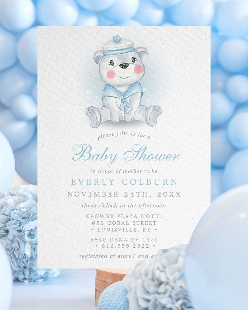 Baby shower invitation featuring a watercolor illustration of a bear wearing a sailor suit.
