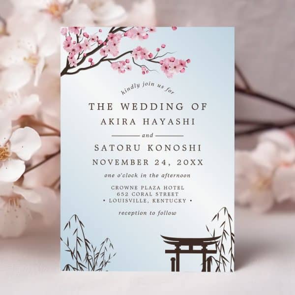 Wedding Invitation For Akira Hayashi And Satoru Konoshi, November 24, At The Crowne Plaza Hotel In Louisville, Kentucky. Cherry Blossoms And A Torii Gate Are Depicted.