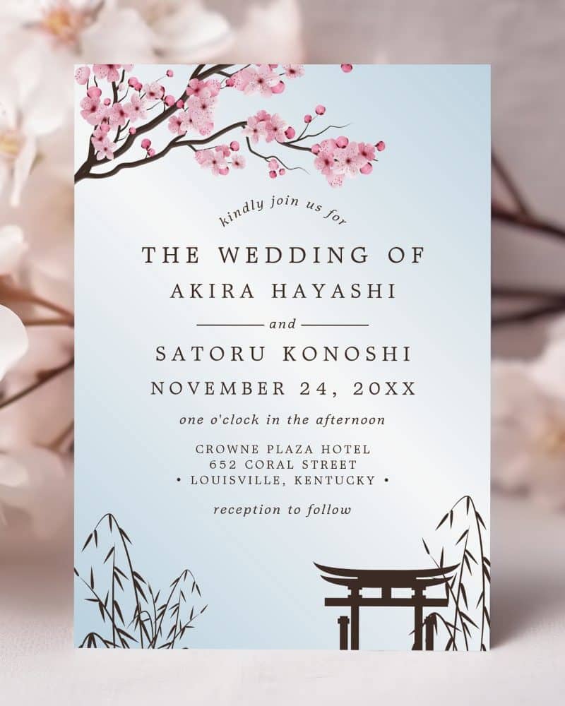 Wedding invitation for Akira Hayashi and Satoru Konoshi, November 24, at the Crowne Plaza Hotel in Louisville, Kentucky. Cherry blossoms and a torii gate are depicted.