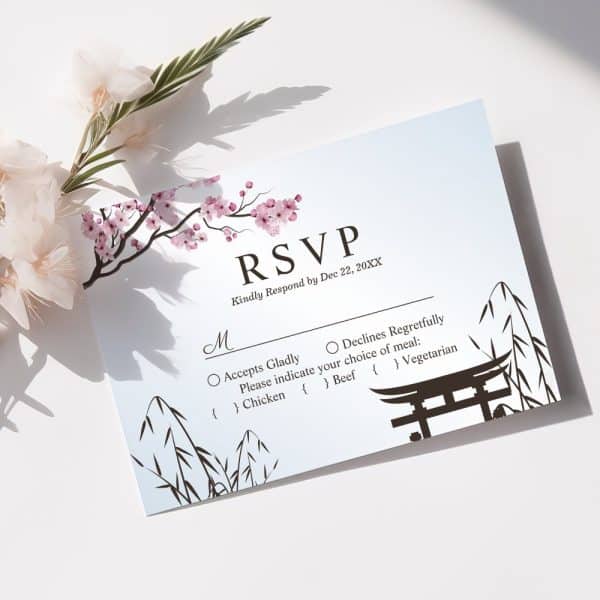 Rsvp Card With Pink Cherry Blossoms And A Japanese Torii Gate.