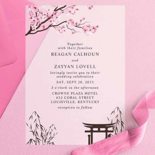 Pink Wedding Invitation For Reagan Calhoun And Zayyan Lovell, Featuring Cherry Blossoms And A Japanese-Style Gate.