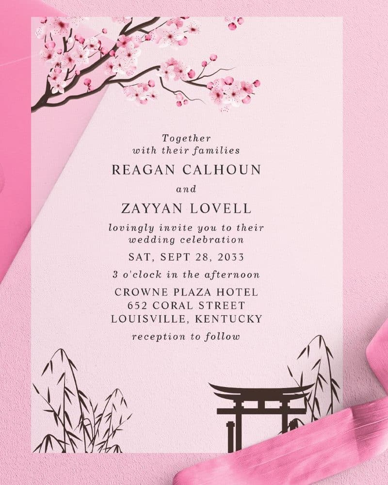 Pink wedding invitation for Reagan Calhoun and Zayyan Lovell, featuring cherry blossoms and a Japanese-style gate.