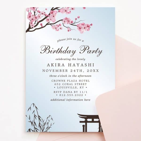 Birthday Party Invitation For Akira Hayashi, Featuring Cherry Blossoms And Japanese-Inspired Design Elements.