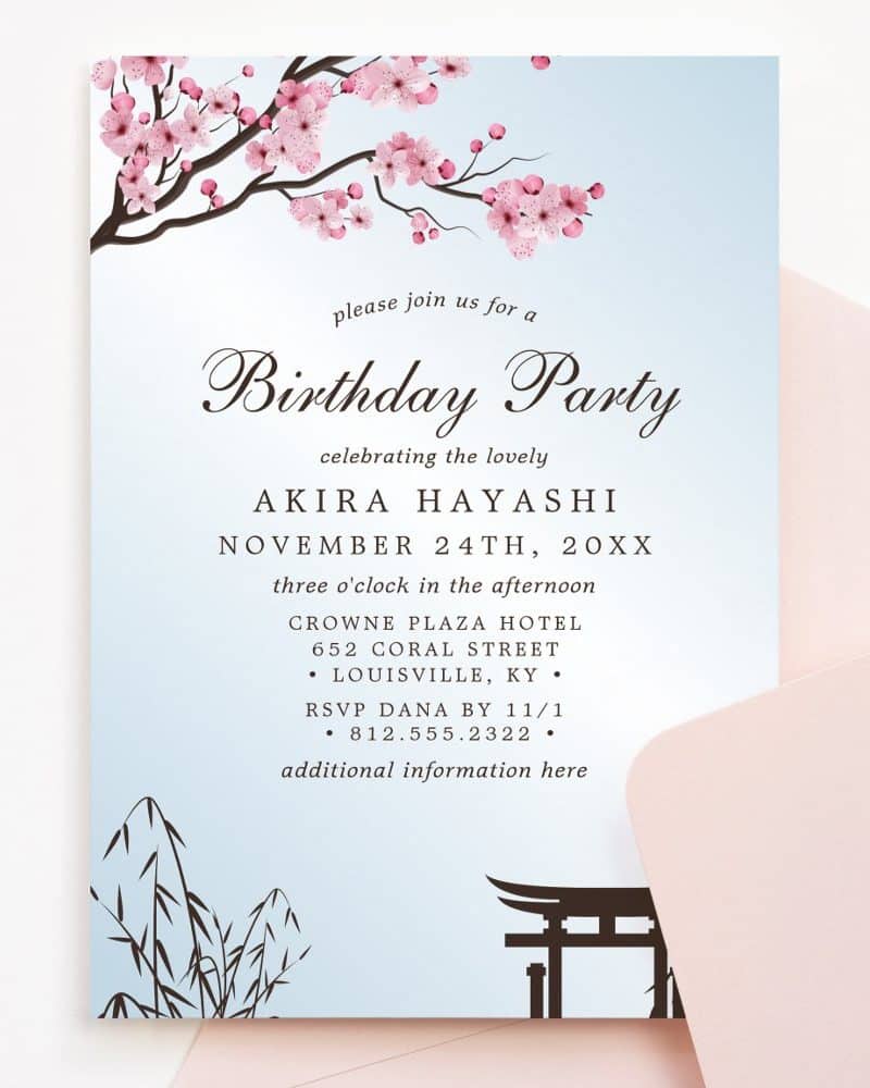 Birthday party invitation for Akira Hayashi, featuring cherry blossoms and Japanese-inspired design elements.