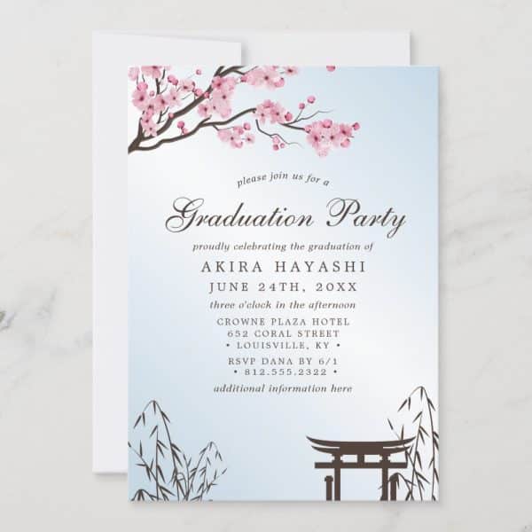 Graduation Party Invitation For Akira Hayashi, June 24Th, At The Crowne Plaza Hotel In Louisville, Ky. Cherry Blossoms And A Japanese Torii Gate Are Featured In The Design.
