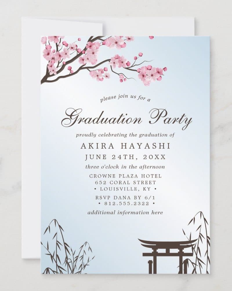 Graduation party invitation for Akira Hayashi, June 24th, at the Crowne Plaza Hotel in Louisville, KY. Cherry blossoms and a Japanese torii gate are featured in the design.
