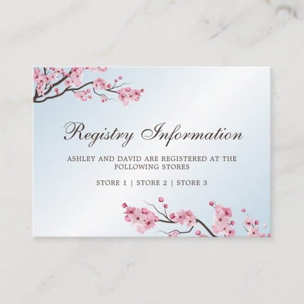 Registry Information Card For Ashley And David, Decorated With Cherry Blossoms.