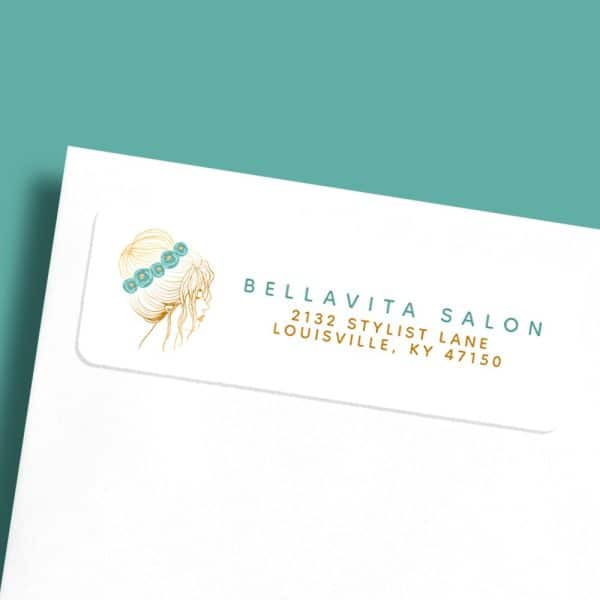 Bellavita Salon Return Address Label Featuring A Gold Line Drawing Of A Woman'S Profile With An Updo And Teal Flowers.
