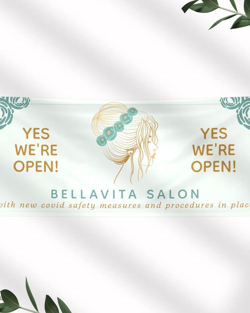 Salon Teal Gold Floral Updo Logo Covid Reopening Banner