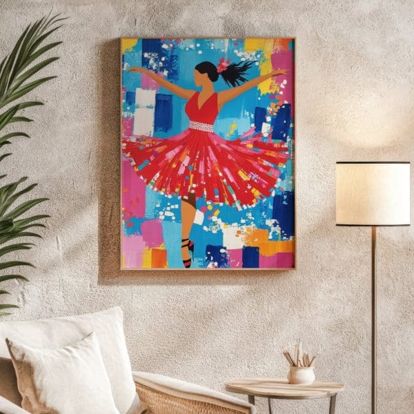 Abstract Painting Of A Woman In A Red Dress Dancing.