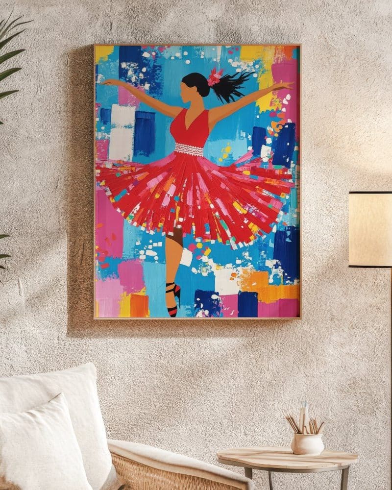 Abstract painting of a woman in a red dress dancing.