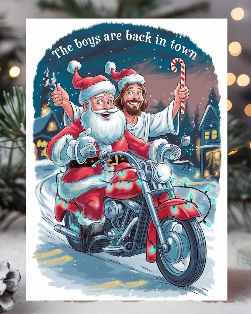 Santa Claus and Jesus riding a motorcycle together.