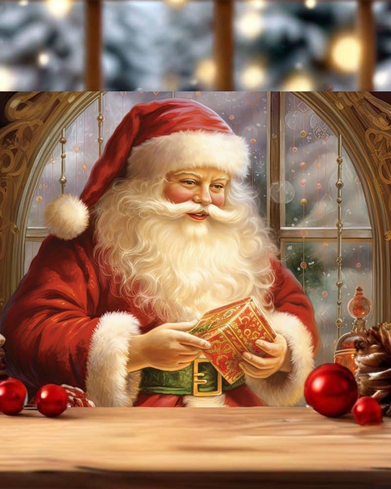 Santa Claus holding a small gift box by a window.