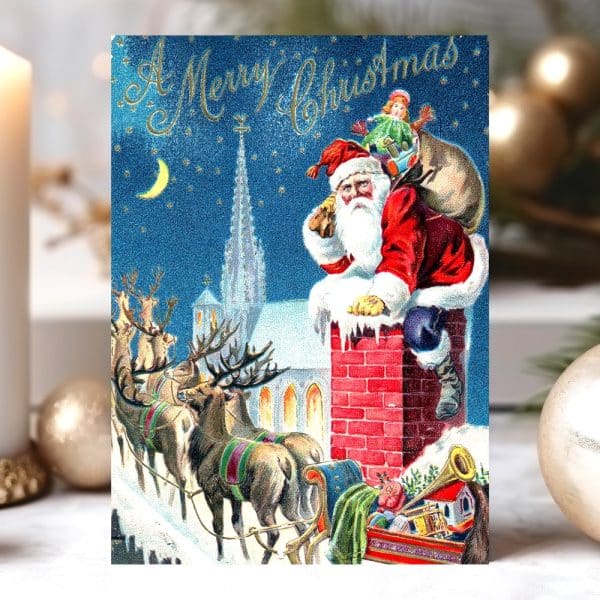 Vintage Christmas Card Depicting Santa Claus Emerging From A Chimney, His Reindeer And Sleigh In The Background.