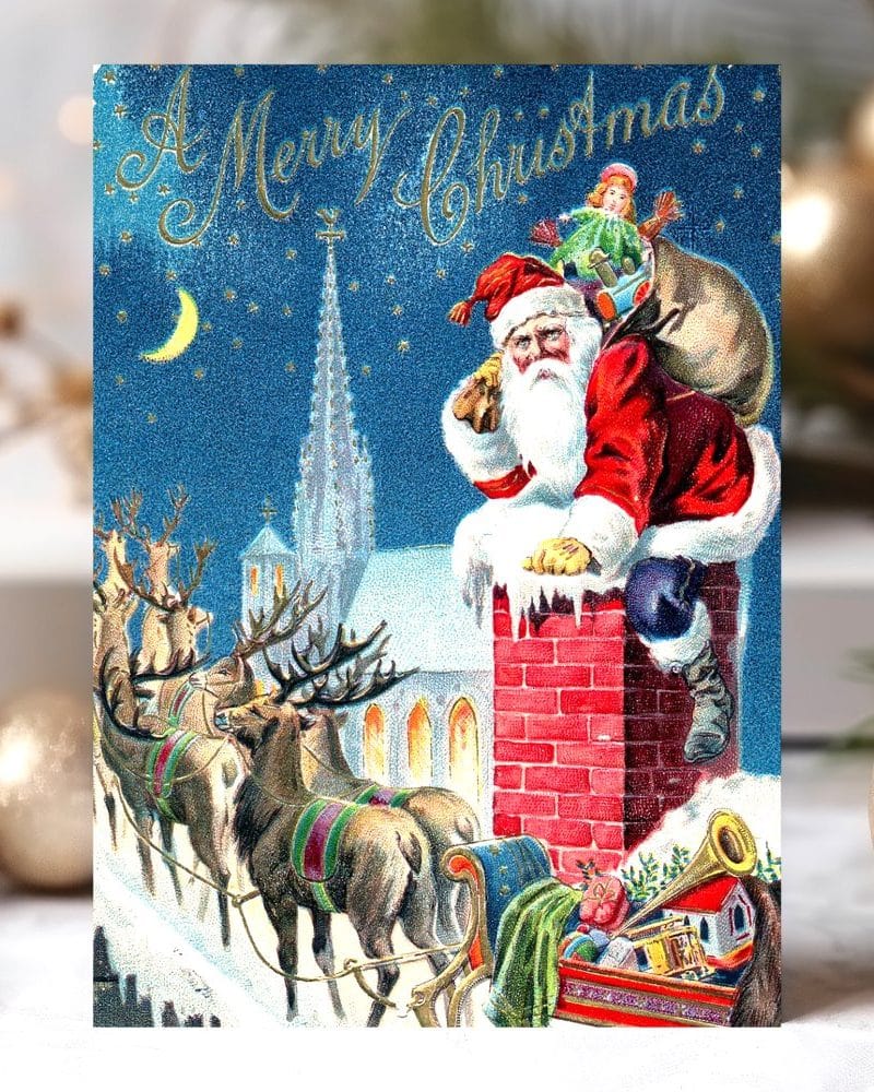 Vintage Christmas card depicting Santa Claus emerging from a chimney, his reindeer and sleigh in the background.