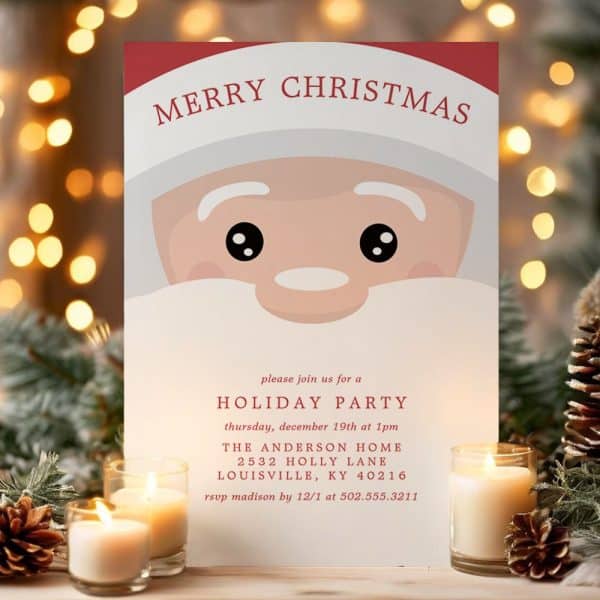 Christmas Holiday Party Invitation Featuring A Stylized Santa Claus Face.