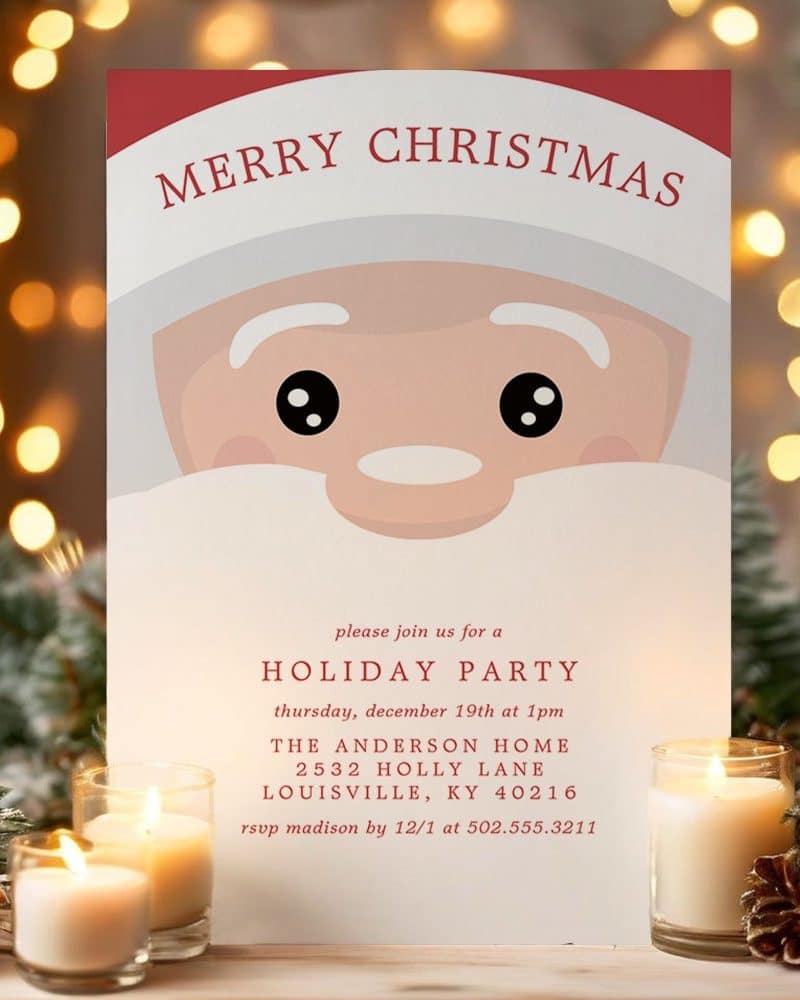 Christmas holiday party invitation featuring a stylized Santa Claus face.