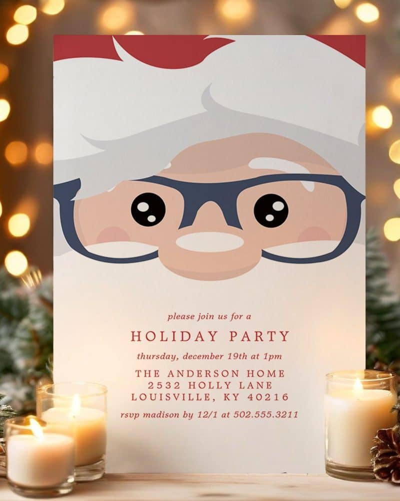 A holiday party invitation featuring a cartoon Santa Claus wearing glasses.