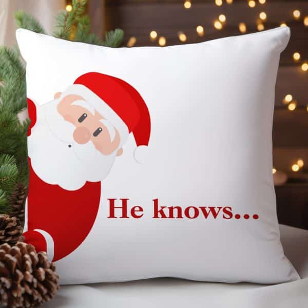 White Pillow With A Cartoon Santa Peeking From The Side And The Text He Knows...