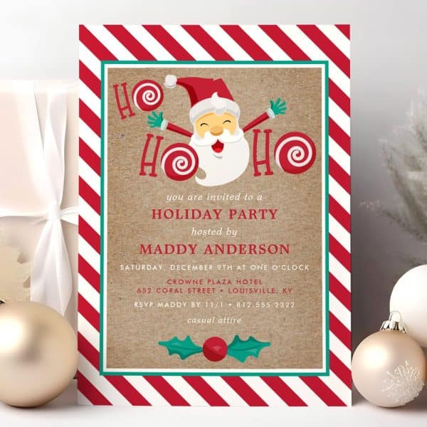 A Holiday Party Invitation Featuring A Cheerful Cartoon Santa Claus.