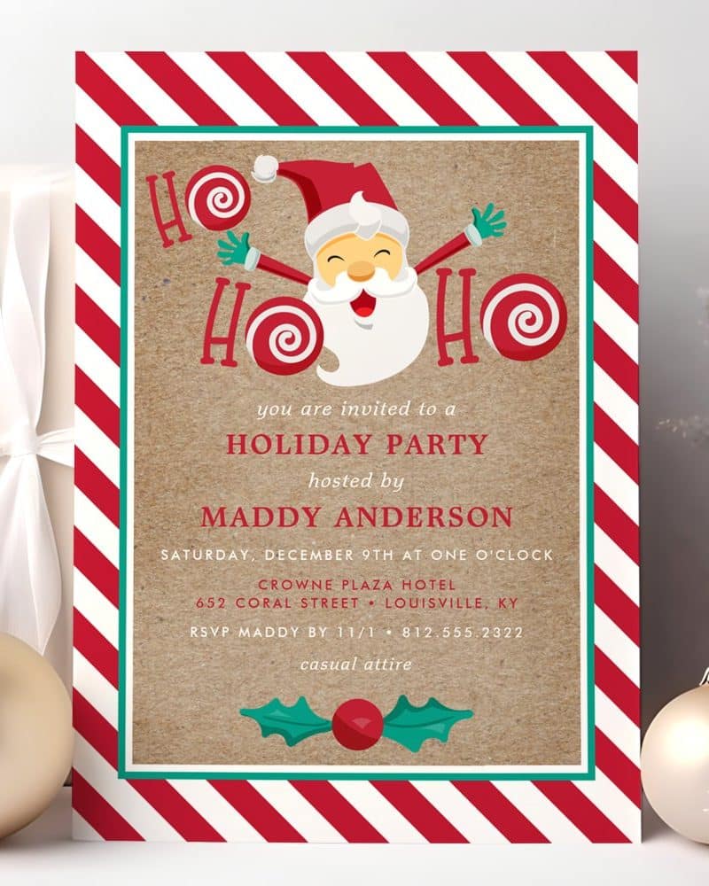 A holiday party invitation featuring a cheerful cartoon Santa Claus.