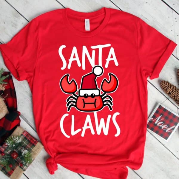 Red T-Shirt With A Crab Wearing A Santa Hat And The Words Santa Claws.