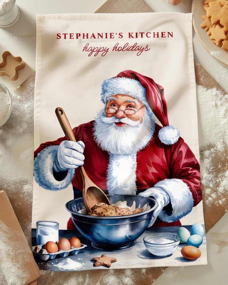 A kitchen tea towel featuring Santa Claus baking.