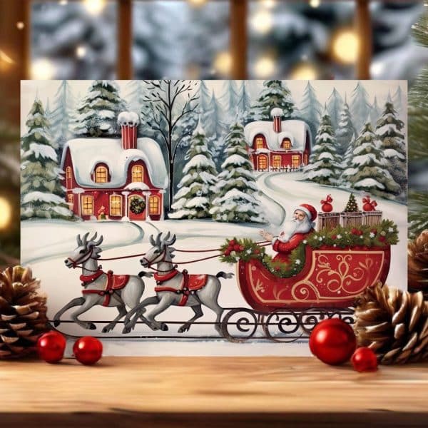 Santa Claus In A Red Sleigh Pulled By Two Reindeer, Traveling Through A Snowy Village.