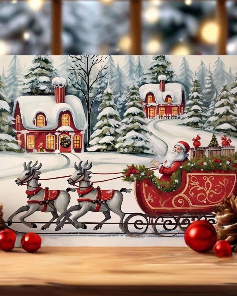 Santa Claus in a red sleigh pulled by two reindeer, traveling through a snowy village.