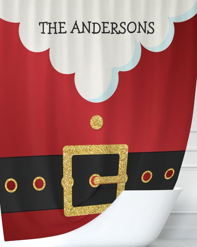 Personalized Santa Claus shower curtain featuring the Andersons family name.