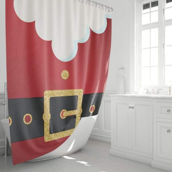 A Red And Black Santa Claus Themed Shower Curtain With A Gold Glitter Buckle.