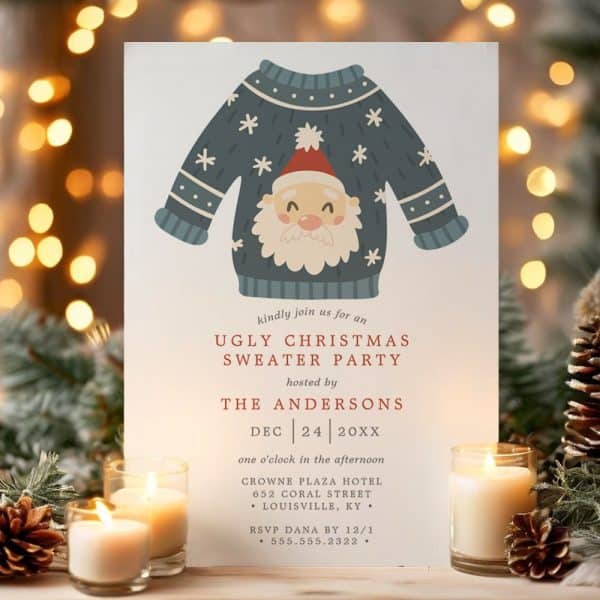 Christmas Sweater Party Invitation Featuring A Santa Claus Sweater Design.