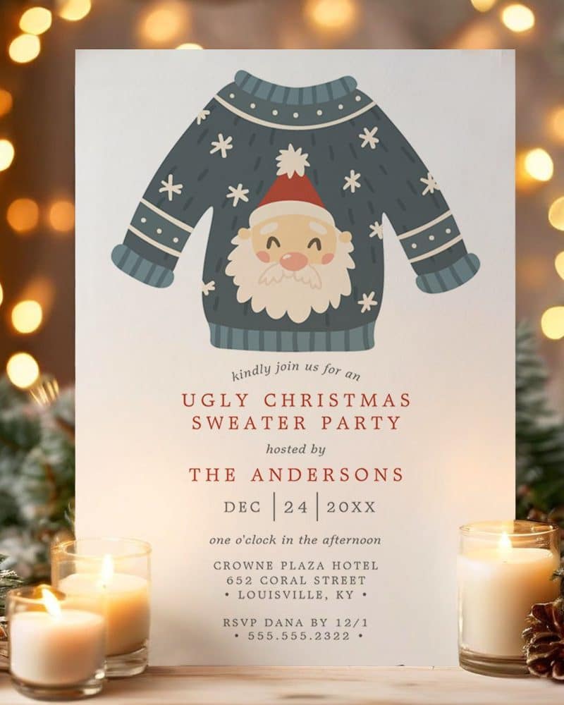 Christmas sweater party invitation featuring a Santa Claus sweater design.