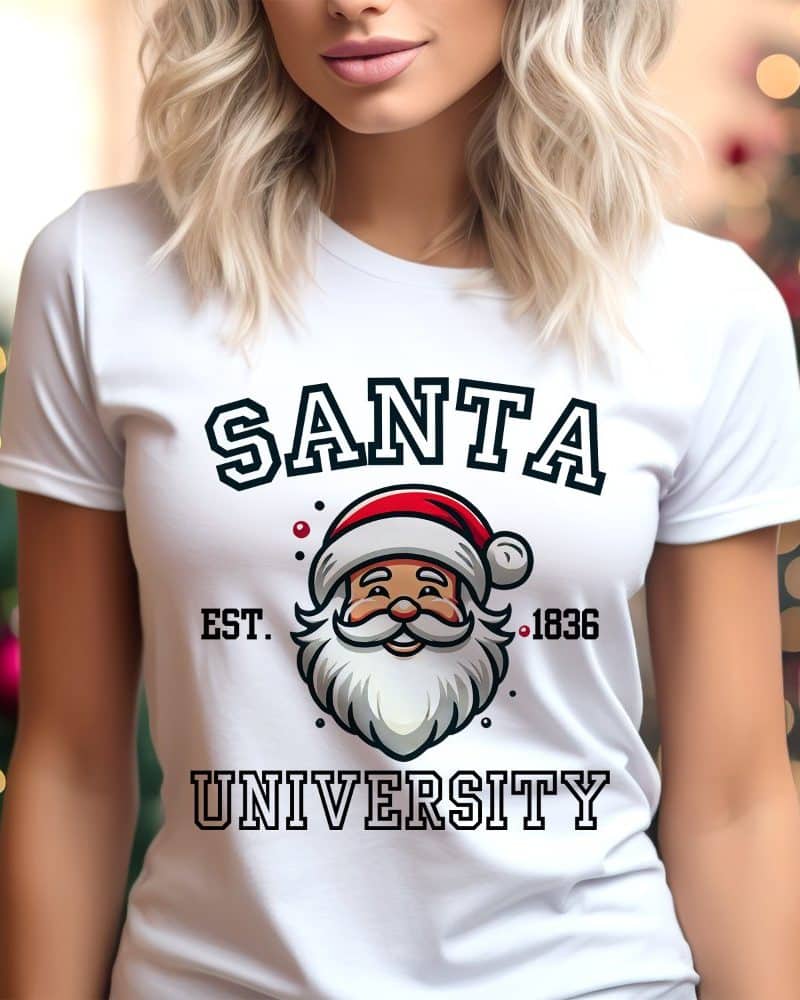 White t-shirt featuring a Santa Claus graphic with Santa University text.