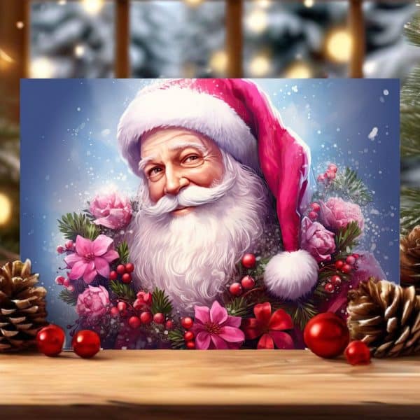 A Portrait Of Santa Claus, Wearing A Pink Hat And Surrounded By A Festive Wreath Of Flowers And Berries.