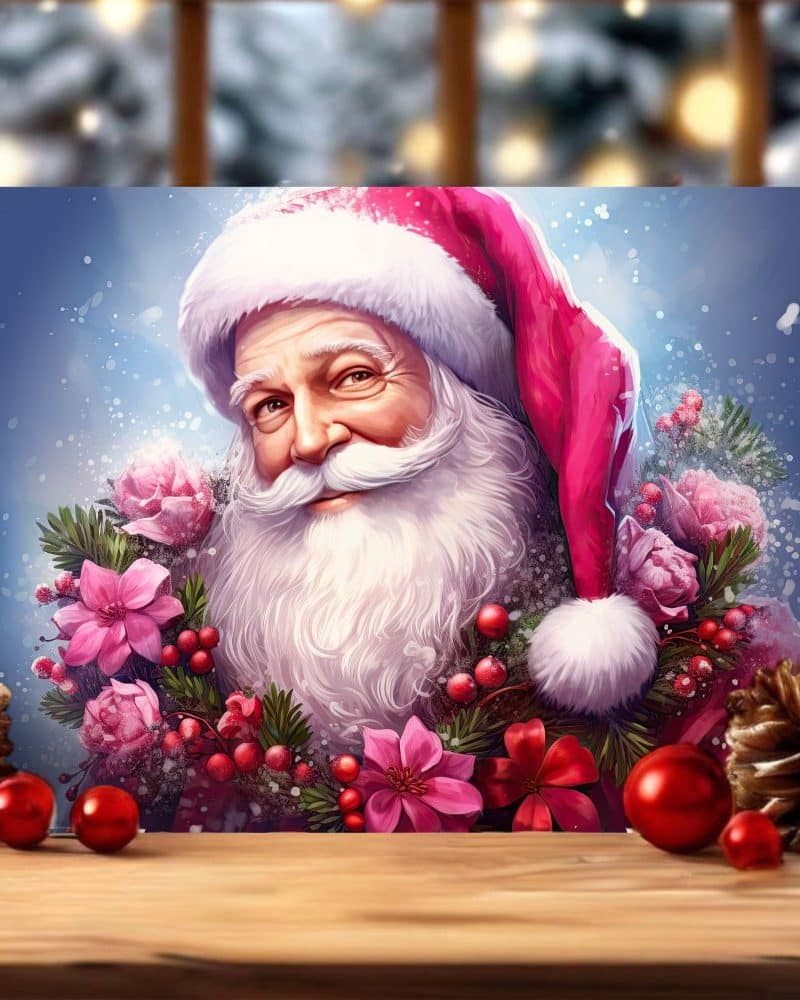 A portrait of Santa Claus, wearing a pink hat and surrounded by a festive wreath of flowers and berries.
