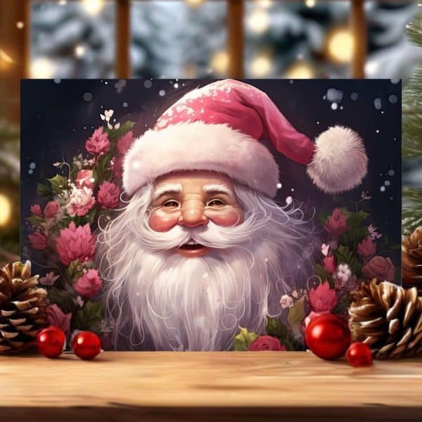 Smiling Santa Claus Portrait Surrounded By Pink Flowers.