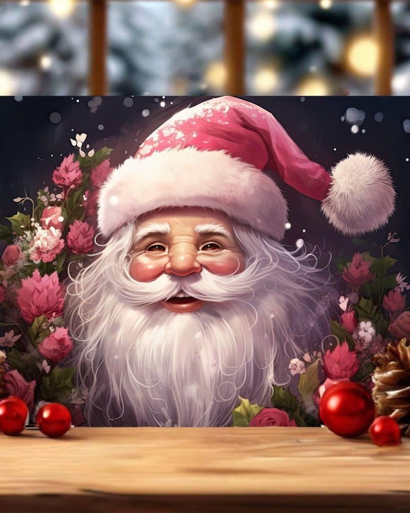Smiling Santa Claus portrait surrounded by pink flowers.