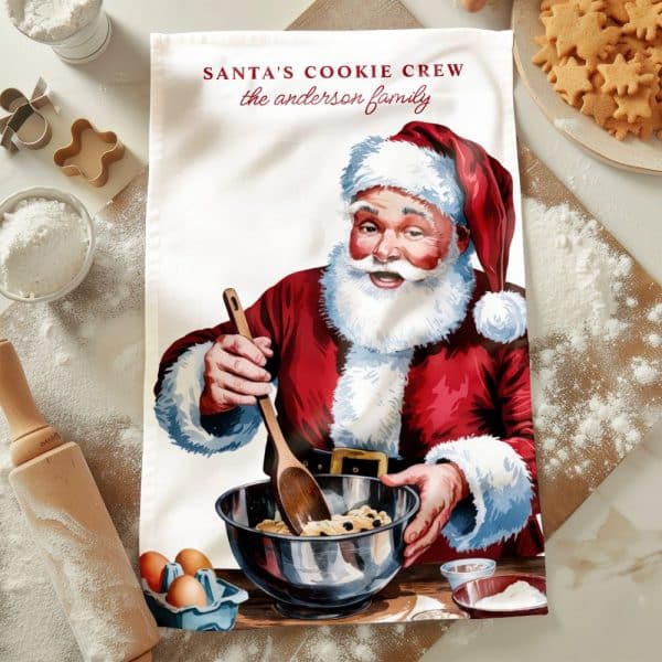 Tea Towel Featuring Santa Claus Baking Cookies.