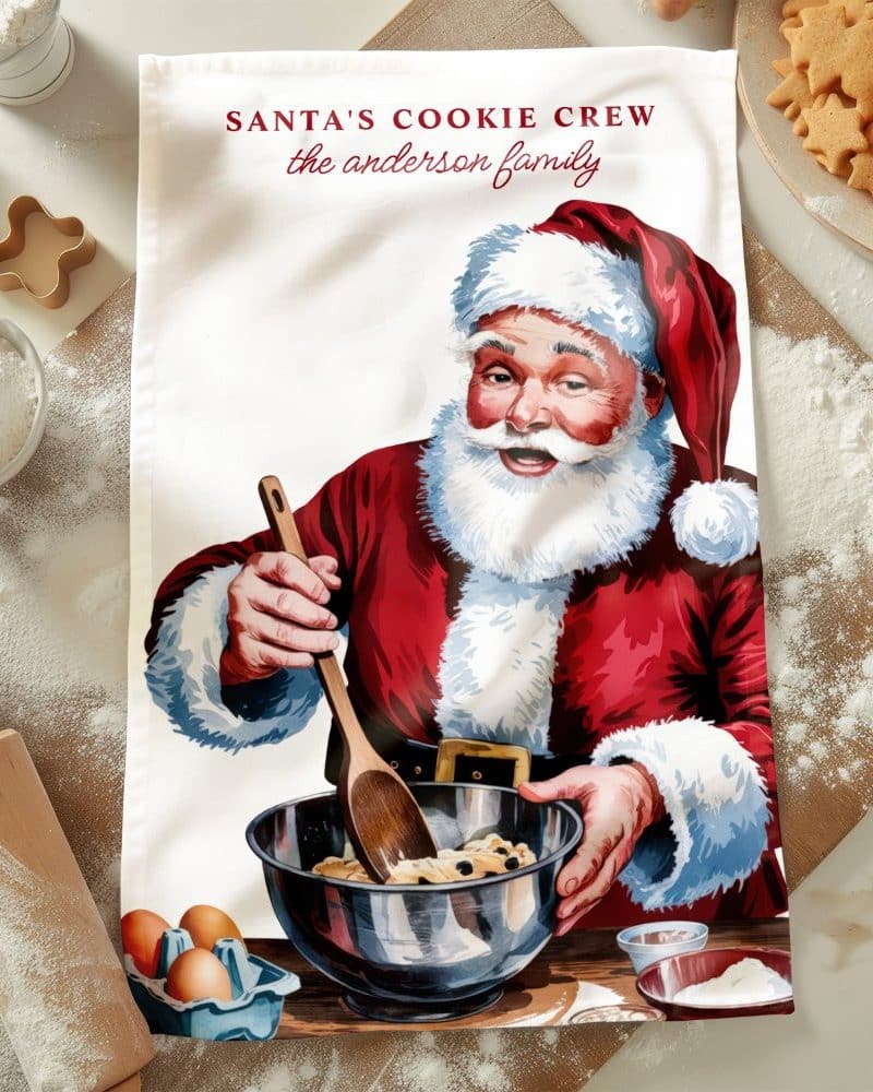 Tea towel featuring Santa Claus baking cookies.