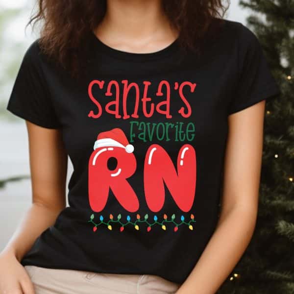 Black T-Shirt With A Christmas Design: Santa'S Favorite Rn In Red Letters With A Santa Hat On The R.