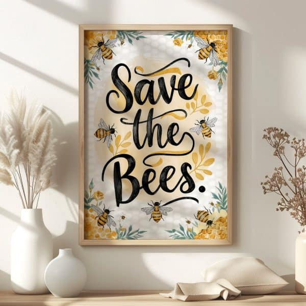 Framed Print With The Text Save The Bees Surrounded By Illustrated Bees And Honeycomb.