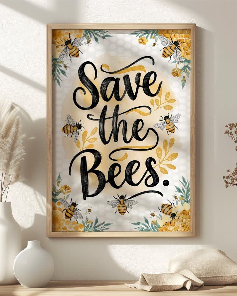 Framed print with the text Save the Bees surrounded by illustrated bees and honeycomb.
