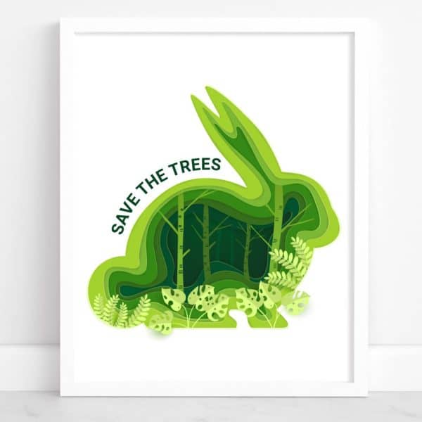 Green Paper Cut-Out Rabbit With Forest Scene Inside, Save The Trees Text.