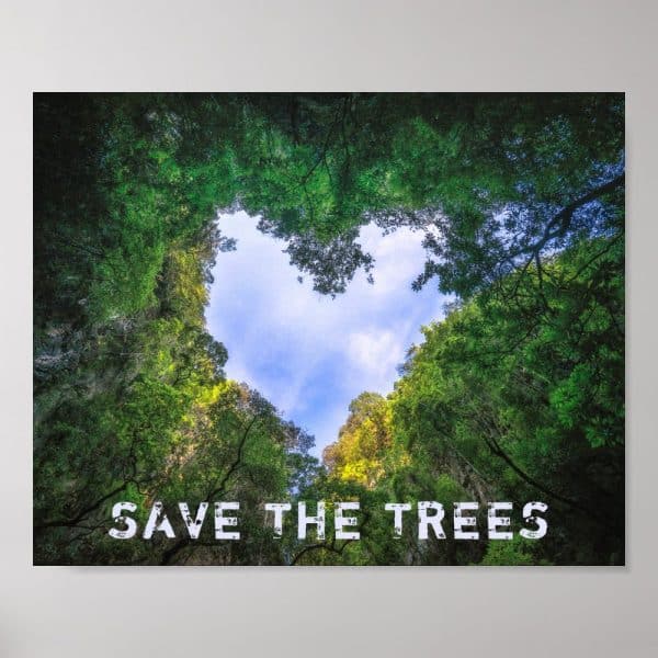 Heart-Shaped Opening In A Lush Forest Canopy Against A Blue Sky; Text Reads Save The Trees.